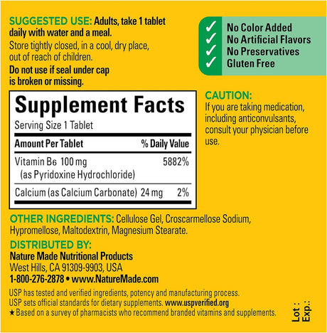 Nature Made Vitamin B6 100Mg. 100 Tabletas