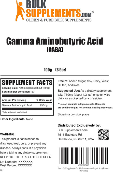 Bulk Supplements Gamma Aminobutyric Acid Powder 100Gr.