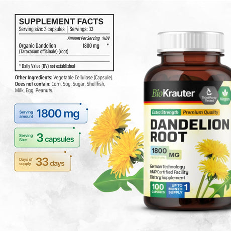 Bio Krauter Dandelion Root 1800Mg. 100 Capsulas