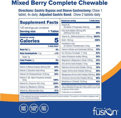 Bariatric Fusion Mixed Berry Complete Multivitamin with Iron 120 Tabletas Masticables