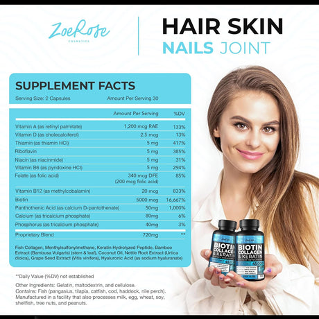 ZoeRose Biotin Vitamins for Hair Skin and Nails 60 Capsulas