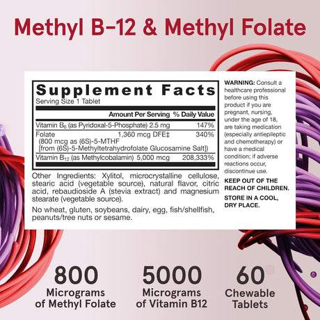 Jarrow Formulas Ultra Strength Methyl B-12 5000mcg & Methyl Folate 800mcg 60 Tabletas Masticables