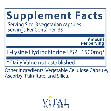 Vital Nutrients Lysine 500Mg. 100 Capsulas