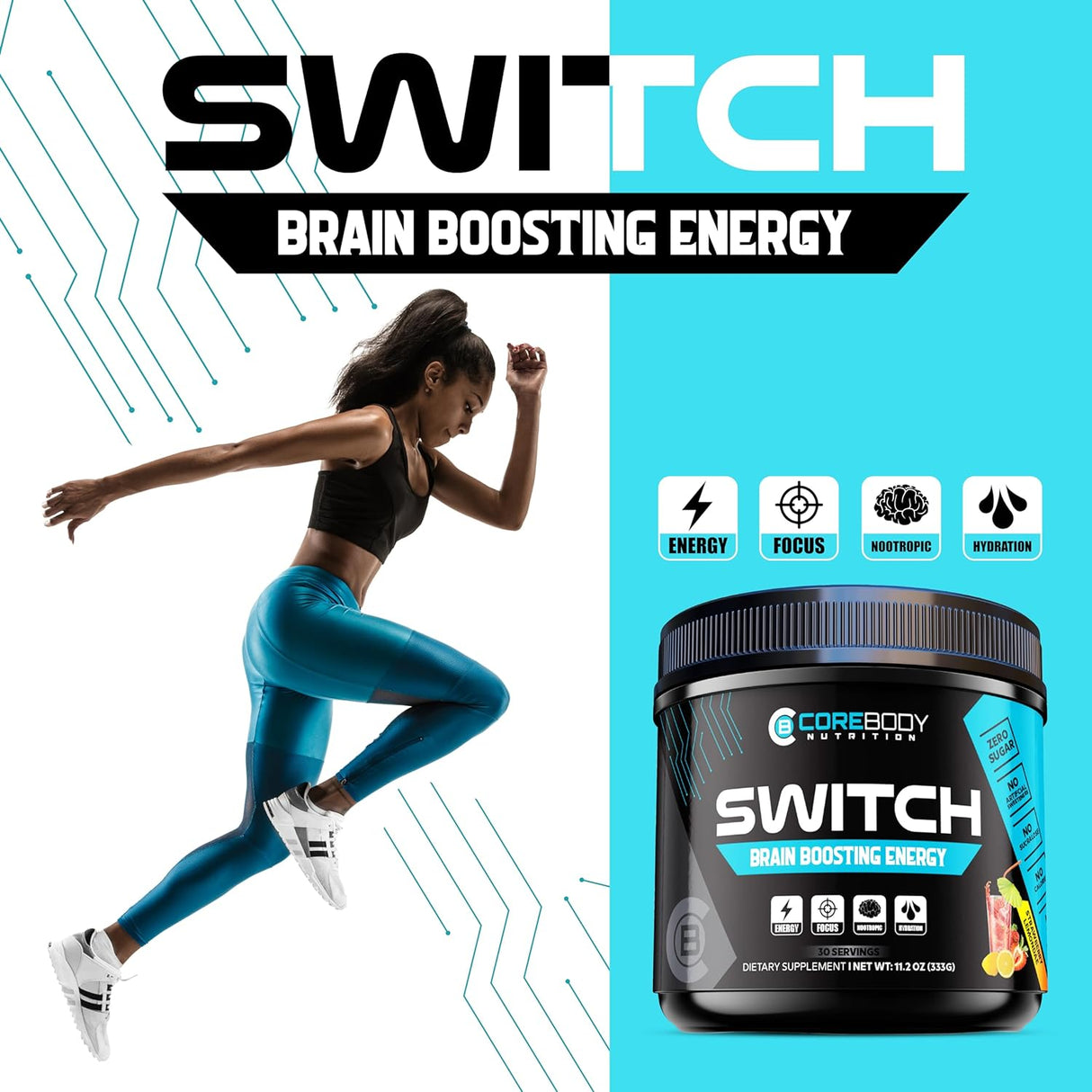 CoreBody Nutrition Switch Brain Boosting Nootropic Energy Supplement 30 Servicios 141.7 Gr.