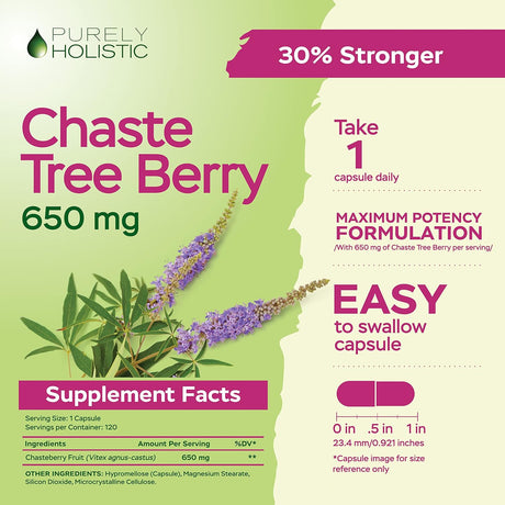Purely Holistic Chasteberry Baya Casto Supplement 650Mg. 120 Capsulas