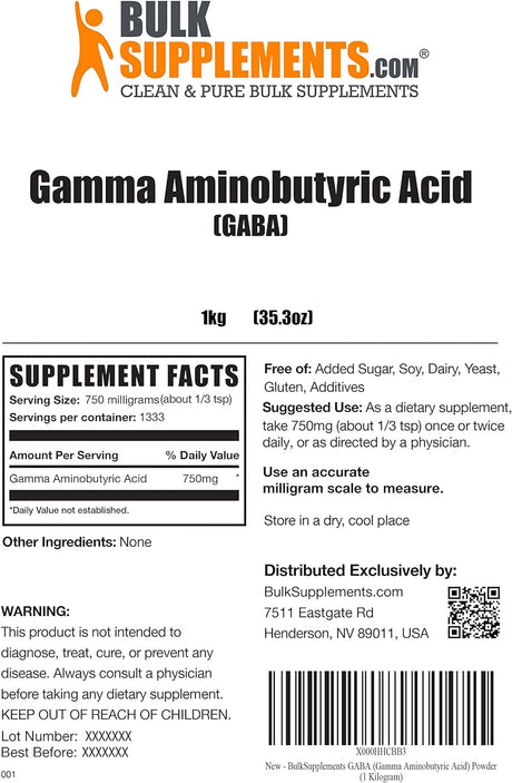 Bulk Supplements Gamma Aminobutyric Acid Powder 1 Kg.