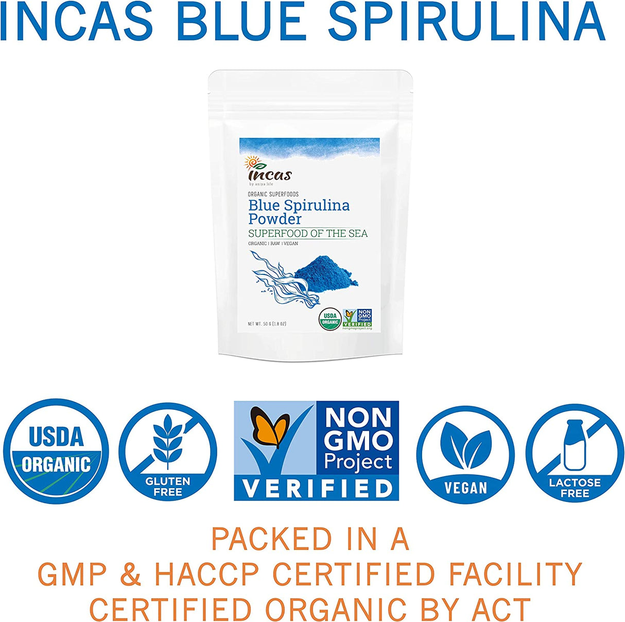 INCAS USDA Organic Blue Spirulina Powder Phycocyanin Extract 50Gr 50 Servicios