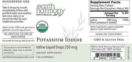 Earth Harmony Naturals Organic Potassium Iodide 250Mcg. 1 Fl. Oz.