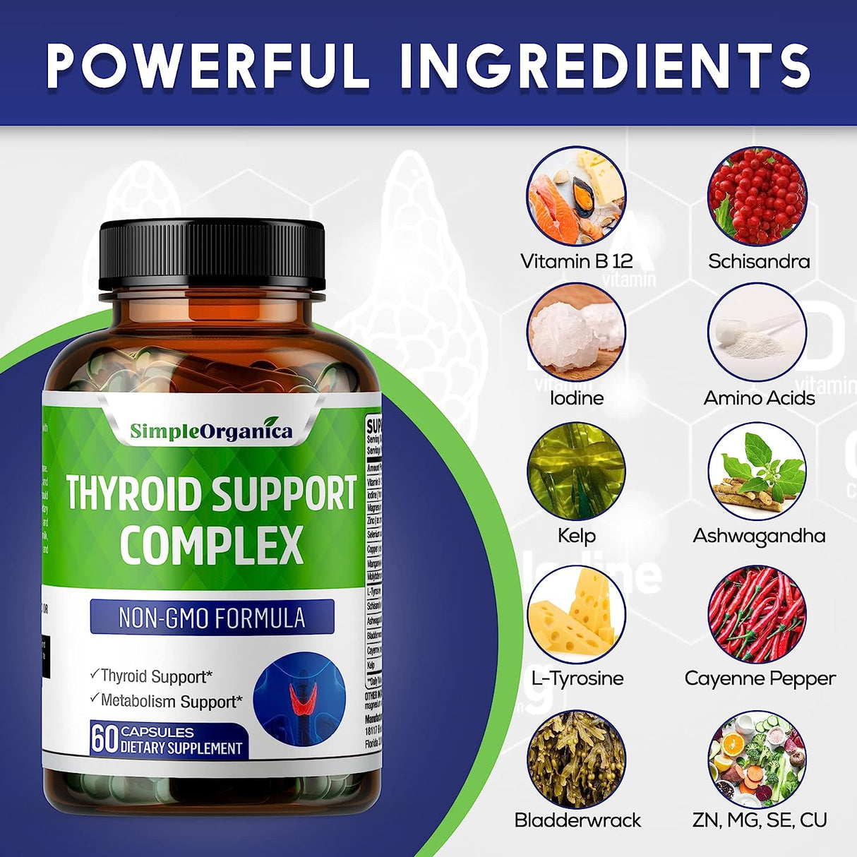 Simple Organica Thyroid Support Complex with Iodine 60 Capsulas