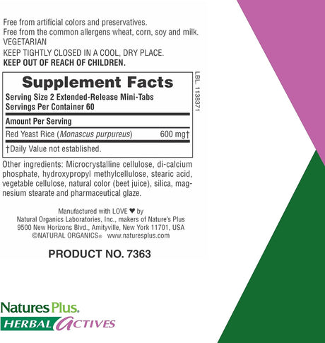 NaturesPlus Herbal Actives Red Yeast Rice 600Mg. 120 Tabletas