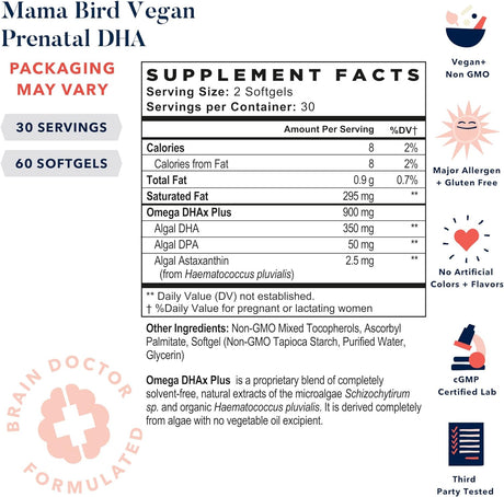 Best Nest Wellness Mama Bird Vegan Prenatal DHA Vitamin 60 Capsulas Blandas