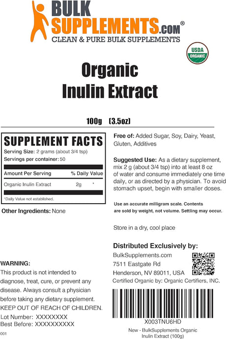 Bulk Supplements Organic Inulin Extract Powder 100Gr.
