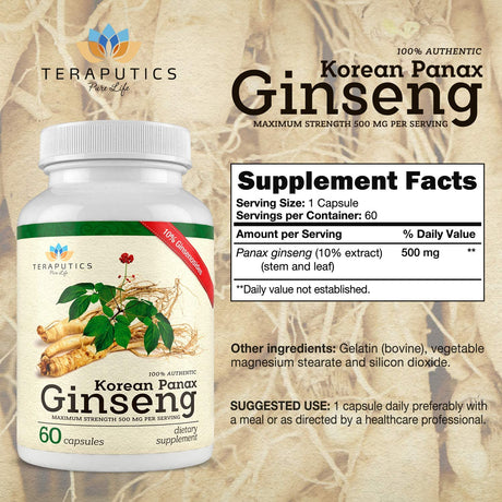 Teraputics Authentic Korean Panax Ginseng Dietary Supplement 500Mg. 60 Capsulas