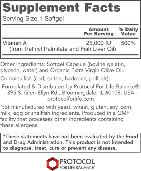 Protocol Vitamin A 25,000 IU 100 Capsulas Blandas
