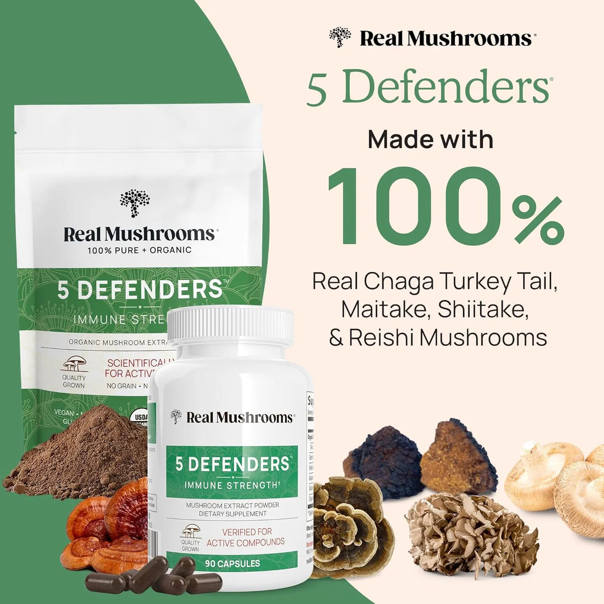 REAL MUSHROOMS - Real Mushrooms 5 Defenders Powder 45 Servicios 45Gr. - The Red Vitamin MX - Suplementos Alimenticios - {{ shop.shopifyCountryName }}