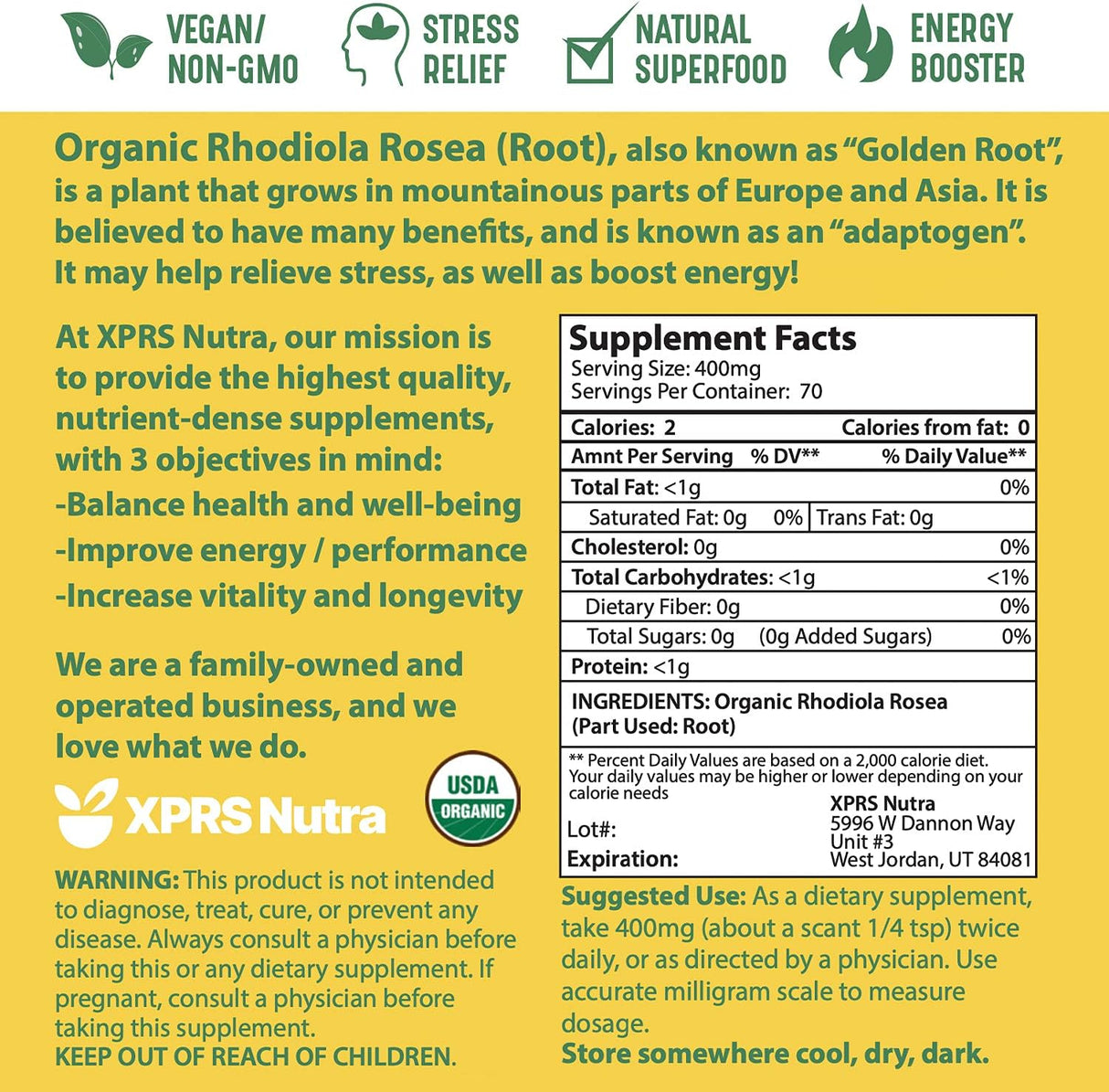 XPRS Nutra Organic Rhodiola Rosea Powder 1 Oz.