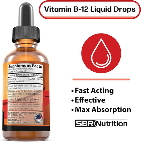 SBR Nutrition Extra Strength 6000mcg Vitamin B12 Sublingual Liquid Drops 60Ml.