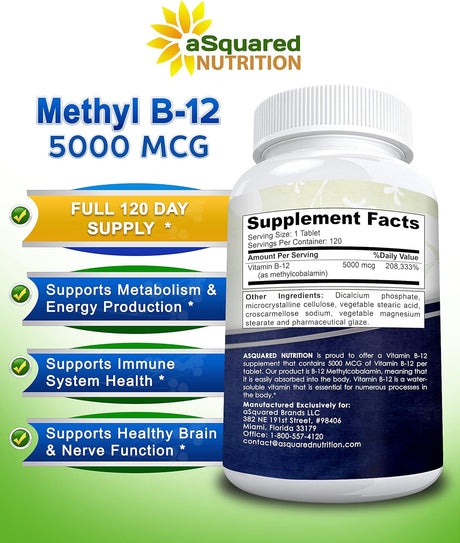 aSquared Nutrition Vitamin B12 5000mcg 120 Tabletas
