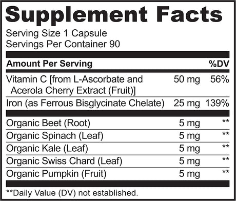 NATURELO Vegan Iron Supplement with Vitamin C and Organic Whole Foods 90 Capsulas