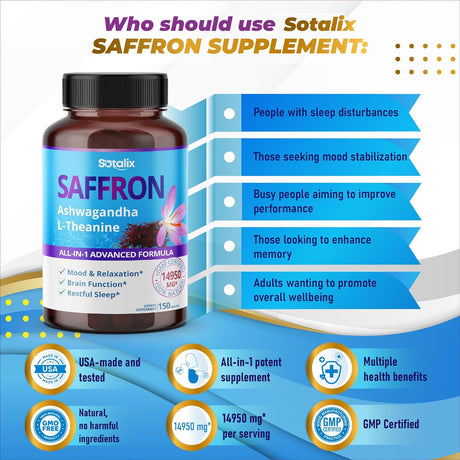 Sotalix Saffron 14,950Mg. with Ashwagandha, Ginseng, L-Theanine 150 Capsulas