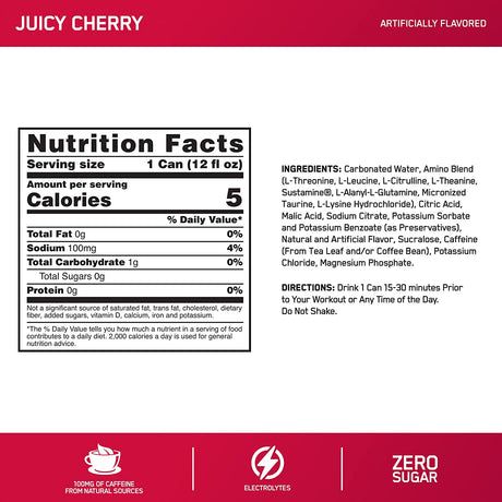 Optimum Nutrition Juicy Cherry Energy Drink 12 Fl Oz Cans 12 Pack