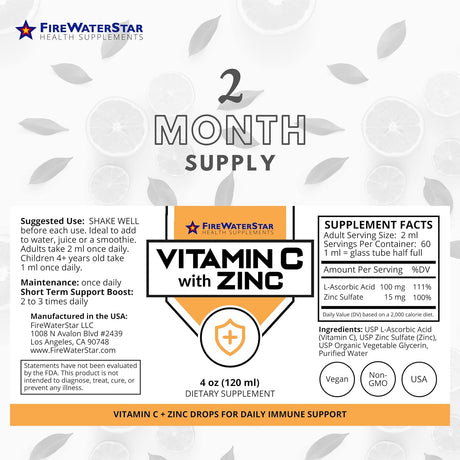 FireWaterStar Liquid Vitamin C + Zinc 120Ml.