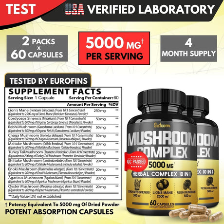 Satoomi 10 in 1 Mushroom Supplement 5000mg. 60 Capsulas 2 Pack