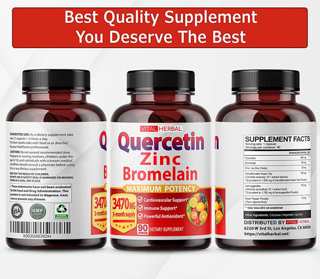 Vital Herbal Premium High Purity Quercetin 98% with Bromelain 3470Mg. 90 Capsulas