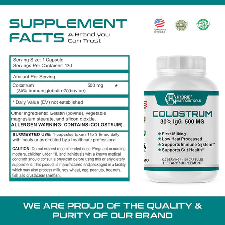 Hybrid Nutraceuticals Bovine Colostrum Supplement 500Mg. 120 Capsulas