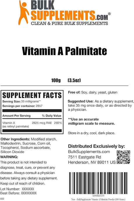 Bulk Supplements Vitamin A Palmitate Powder 100Gr.