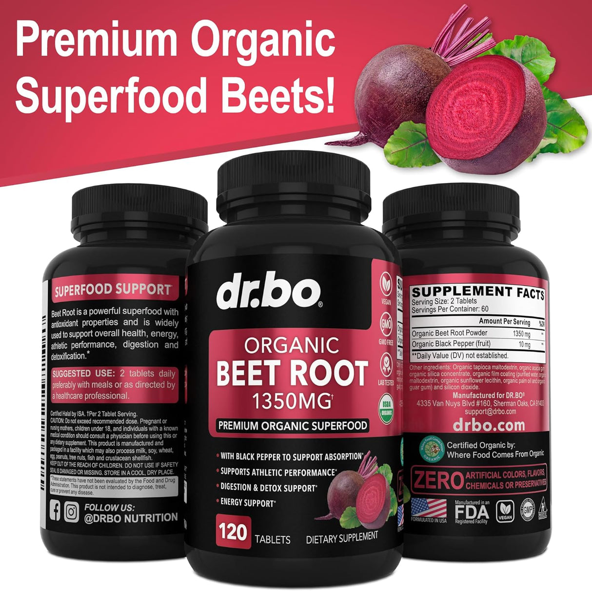 DR. BO Organic Beet Root Capsules 1350Mg. 120 Tabletas