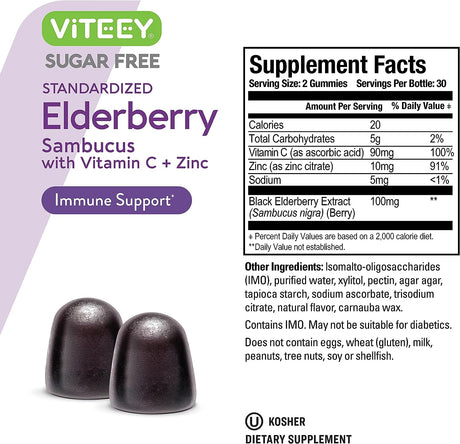 Viteey Sambucus Black Elderberry Sugar Free Gummies 60 Gomitas