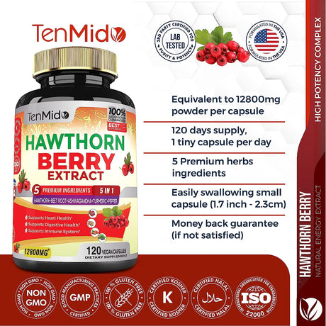 Tenmido Hawthorn Berry Supplement Extract Capsules 12800Mg. 120 Capsulas