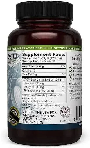 AMAZING HERBS - Amazing Herbs Premium Black Seed Oil Capsules 1250Mg. 60 Capsulas - The Red Vitamin MX - Suplementos Alimenticios - {{ shop.shopifyCountryName }}