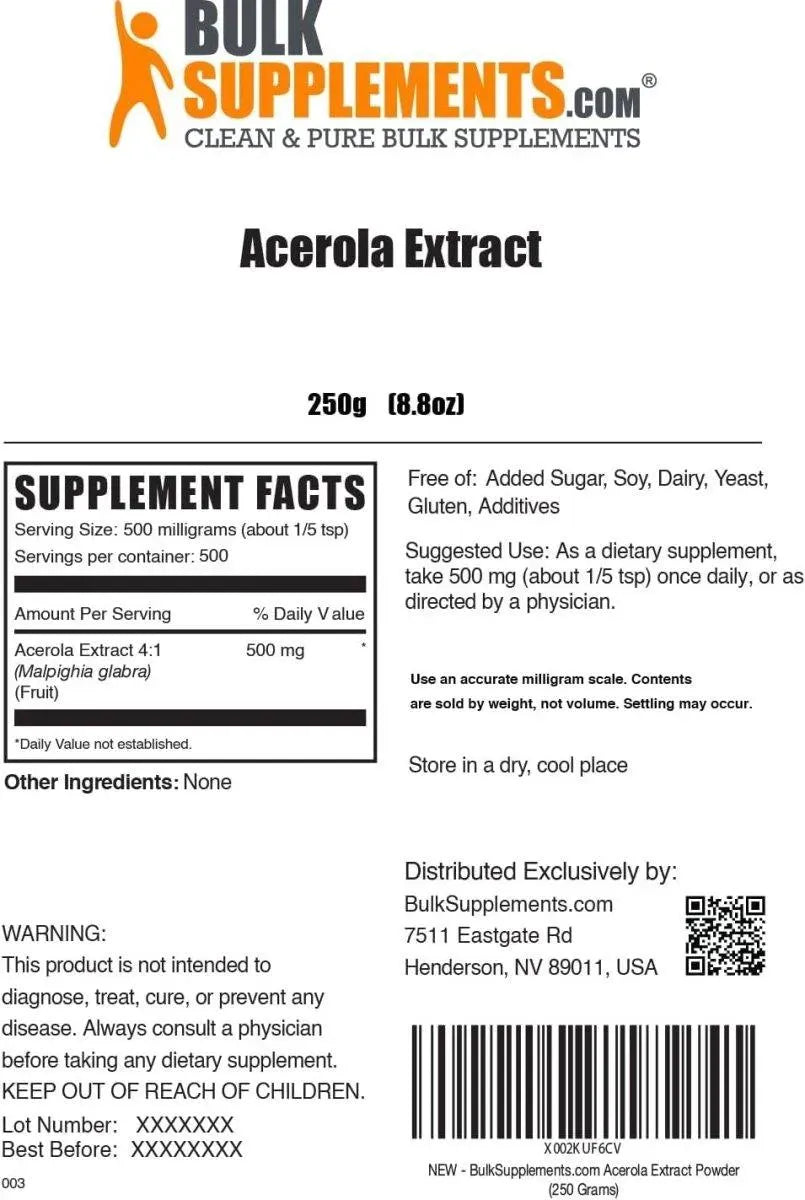 BULK SUPPLEMENTS - Bulk Supplements Acerola Cherry Extract Powder 250Gr. - The Red Vitamin MX - Suplementos Alimenticios - {{ shop.shopifyCountryName }}