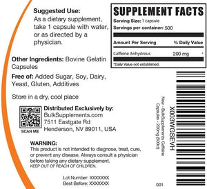 BULK SUPPLEMENTS - Bulk Supplements Caffeine 200Mg. 500 Capsulas - The Red Vitamin MX - Suplementos Alimenticios - {{ shop.shopifyCountryName }}