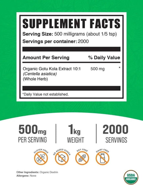 BULK SUPPLEMENTS - Bulk Supplements Organic Gotu Kola Extract Powder 1 Kg. - The Red Vitamin MX - Suplementos Alimenticios - {{ shop.shopifyCountryName }}
