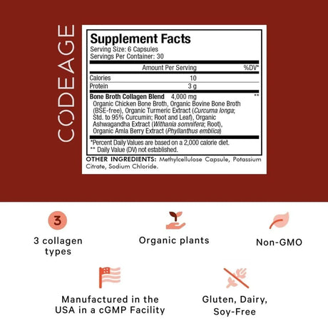 CODEAGE - Codeage Organic Bone Broth Collagen Peptides 180 Capsulas - The Red Vitamin MX - Suplementos Alimenticios - {{ shop.shopifyCountryName }}