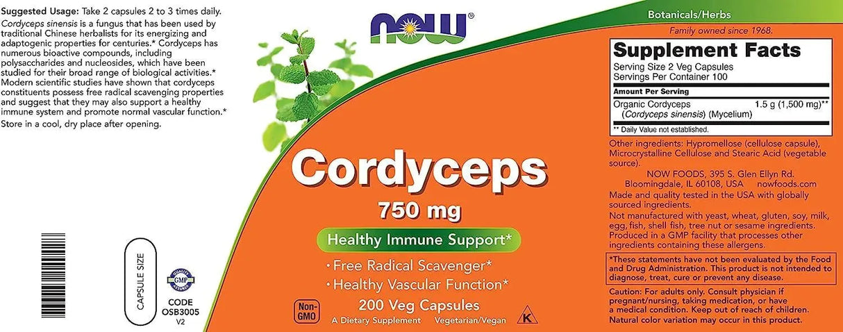NOW SUPPLEMENTS - NOW Supplements Cordyceps 750Mg. 200 Capsulas - The Red Vitamin MX - Suplementos Alimenticios - {{ shop.shopifyCountryName }}
