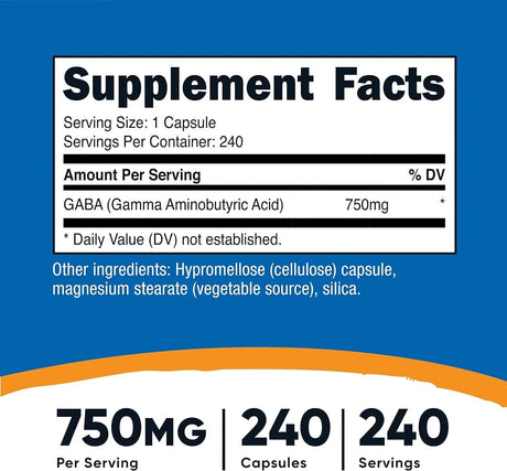 NUTRICOST - Nutricost GABA (Gamma Aminobutyric Acid) 750Mg. 240 Capsulas - The Red Vitamin MX - Suplementos Alimenticios - {{ shop.shopifyCountryName }}