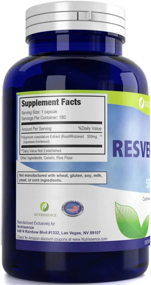 NUTRISSENCE - Nutrissence Resveratrol 500Mg. 180 Capsulas - The Red Vitamin MX - Suplementos Alimenticios - {{ shop.shopifyCountryName }}
