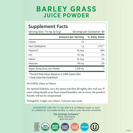PURE SYNERGY - PURE SYNERGY Organic Barley Grass Juice Powder 150Gr. - The Red Vitamin MX - Suplementos Alimenticios - {{ shop.shopifyCountryName }}