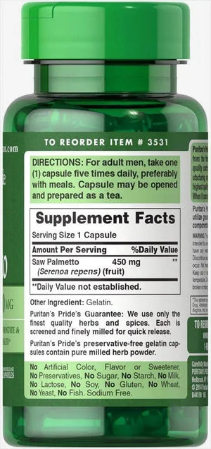 PURITAN'S PRIDE - Puritan's Pride Saw Palmetto 450Mg. 100 Capsulas - The Red Vitamin MX - Suplementos Alimenticios - {{ shop.shopifyCountryName }}