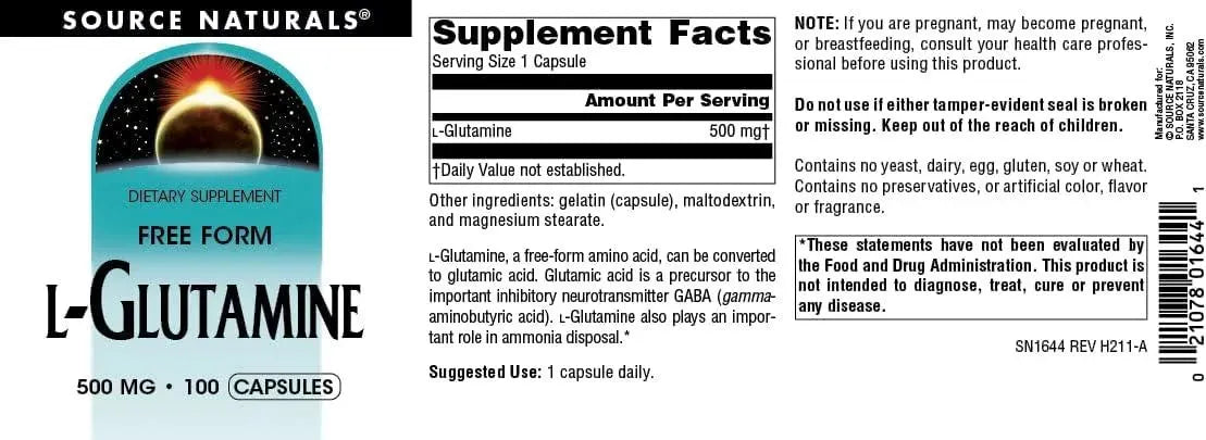 SOURCE NATURALS - Source Naturals L-Glutamine 500Mg. 100 Capsulas - The Red Vitamin MX - Suplementos Alimenticios - {{ shop.shopifyCountryName }}