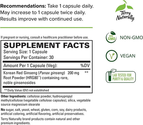 TERRY NATURALLY - Terry Naturally HRG80 Red Ginseng Energy 30 Capsulas - The Red Vitamin MX - Suplementos Alimenticios - {{ shop.shopifyCountryName }}