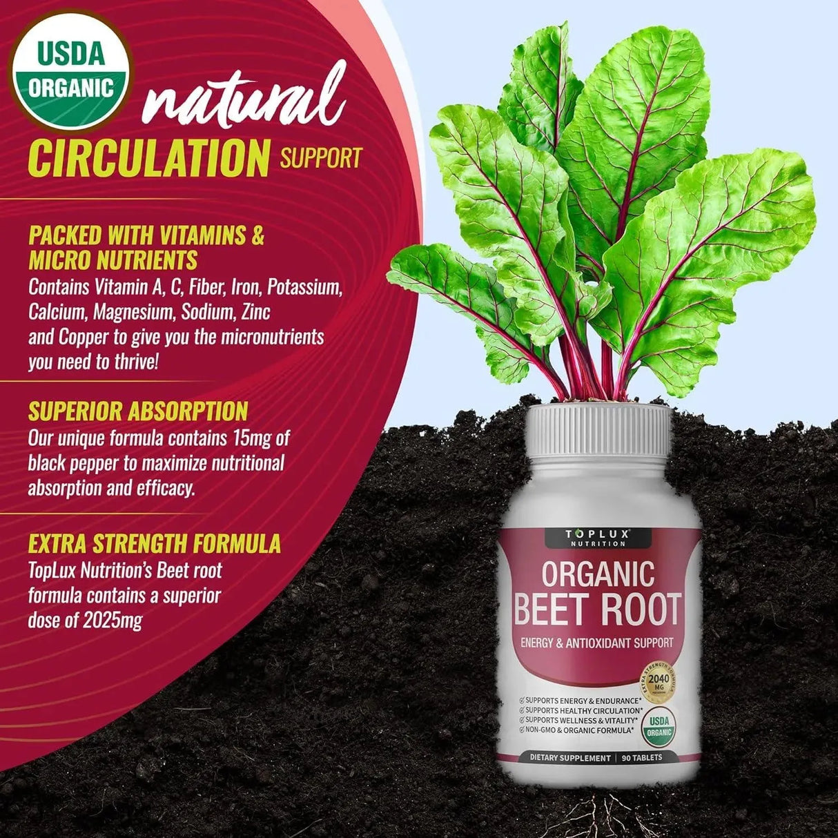 TOPLUX - Toplux Organic Beet Root Powder Tablets 90 Tabletas - The Red Vitamin MX - Suplementos Alimenticios - {{ shop.shopifyCountryName }}