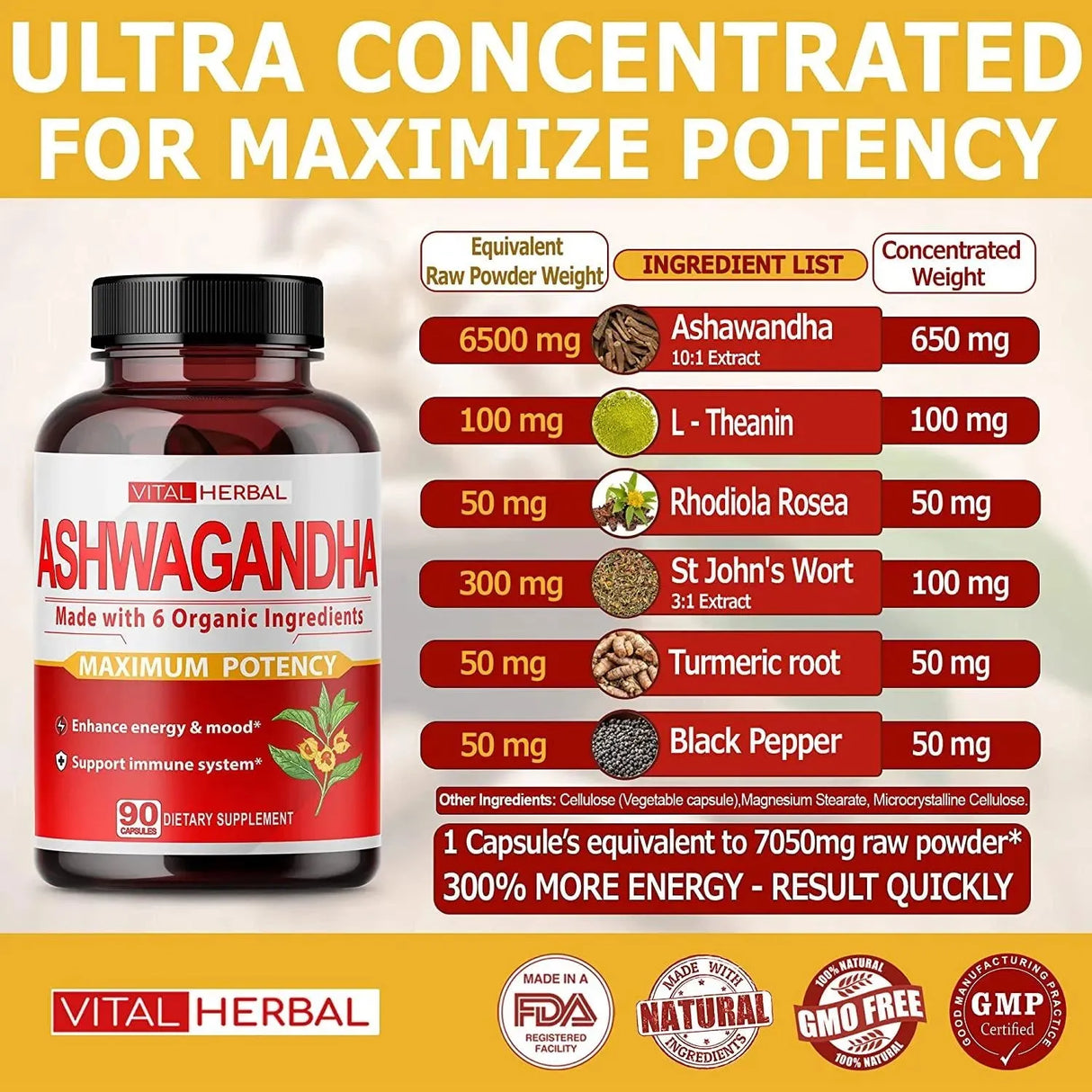 VITAL HERBAL - Vital Herbal Organic Ashwagandha 7050Mg. 90 Capsulas - The Red Vitamin MX - Suplementos Alimenticios - {{ shop.shopifyCountryName }}