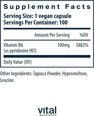 VITAL NUTRIENTS - Vital Nutrients Vitamin B6 100Mg. 100 Capsulas - The Red Vitamin MX - Suplementos Alimenticios - {{ shop.shopifyCountryName }}