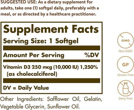 Solgar Vitamin D3 250 Mcg 10,000IU 120 Capsulas Blandas