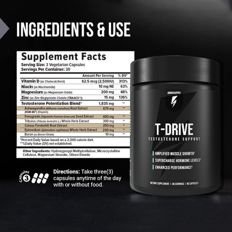 InnoSupps T-Drive Testosterone Booster Amplify Muscle Growth 90 Capsulas